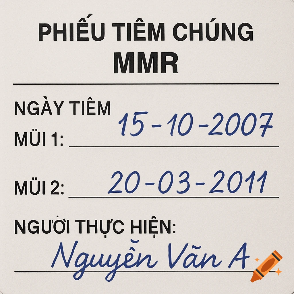 Close-up of a handwritten MMR immunization record form.