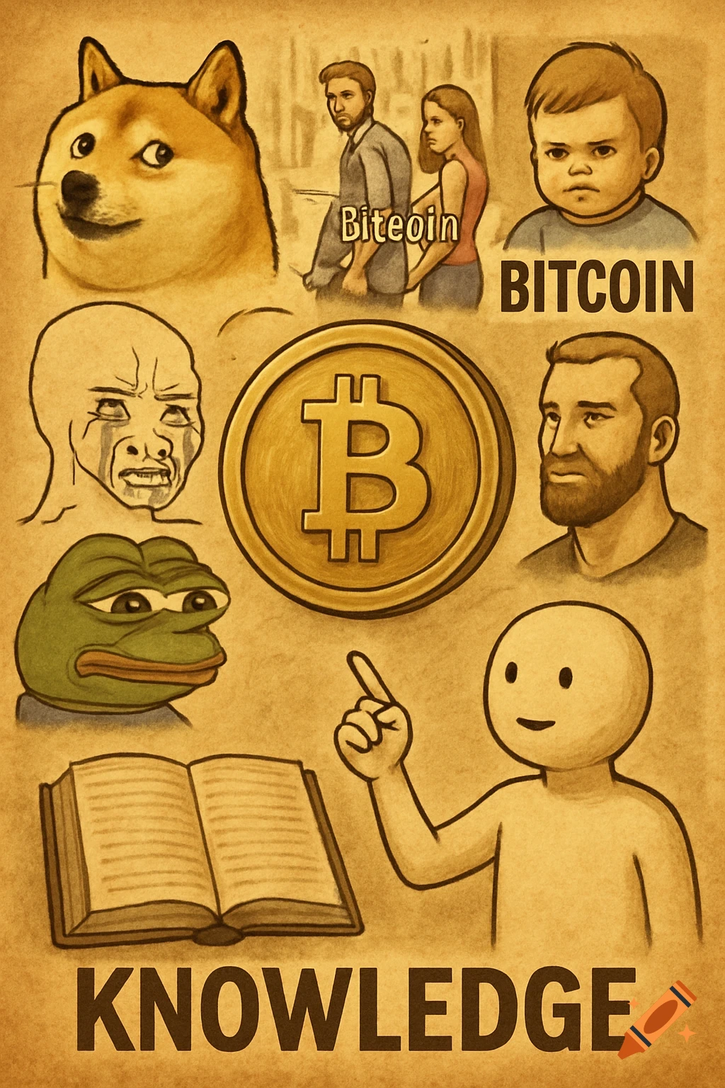 Collage illustration of cryptocurrency memes including Doge, Pepe, Wojak, Distracted Boyfriend, Bitcoin symbol, and text.