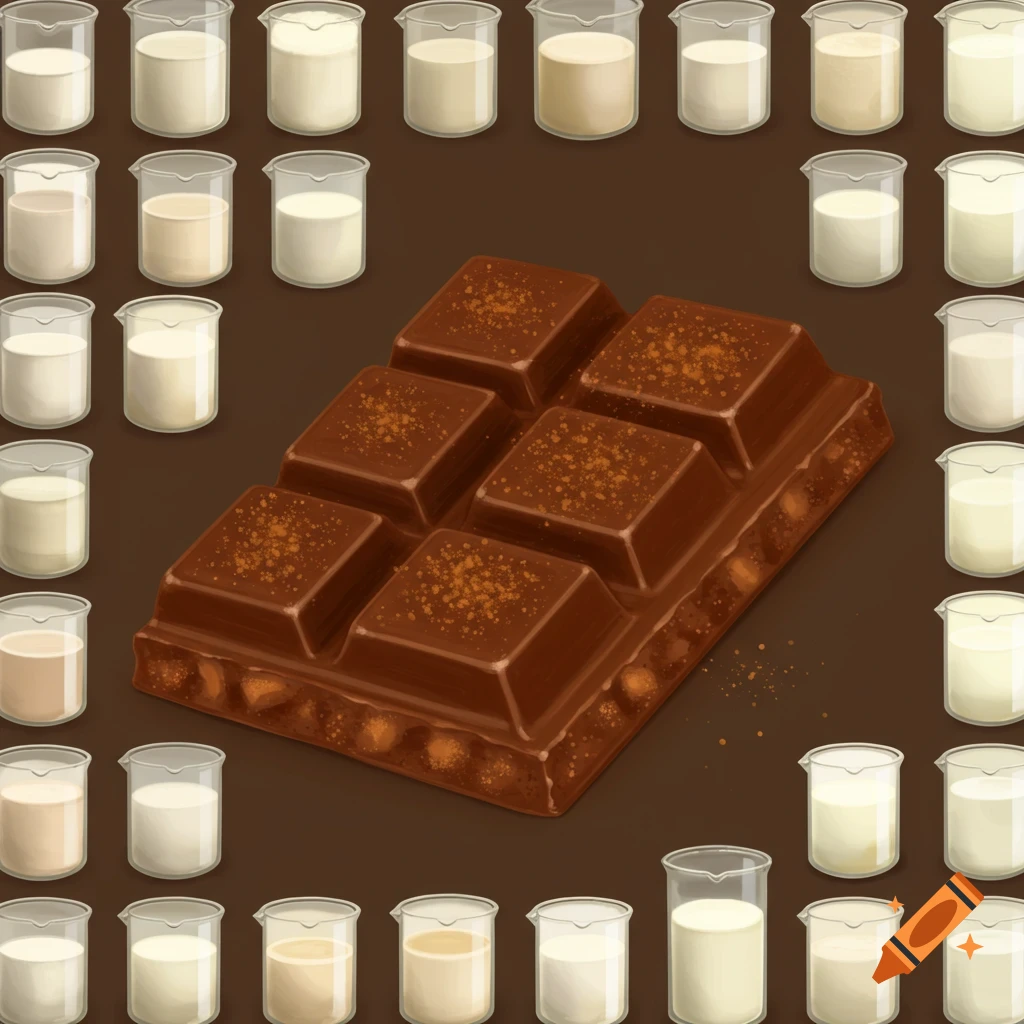 An illustration of a chocolate bar surrounded by many beakers of milky liquid.