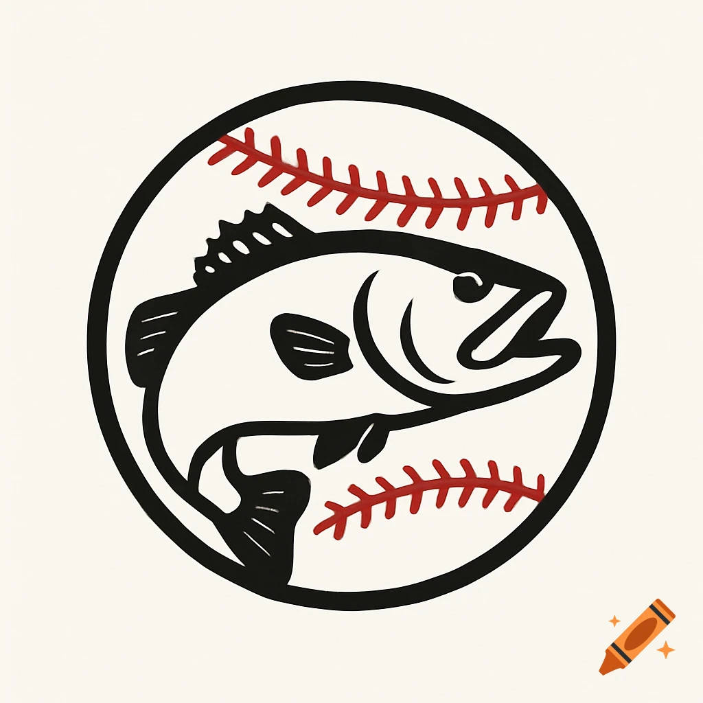 A simple logo of a bass fish within a baseball design.