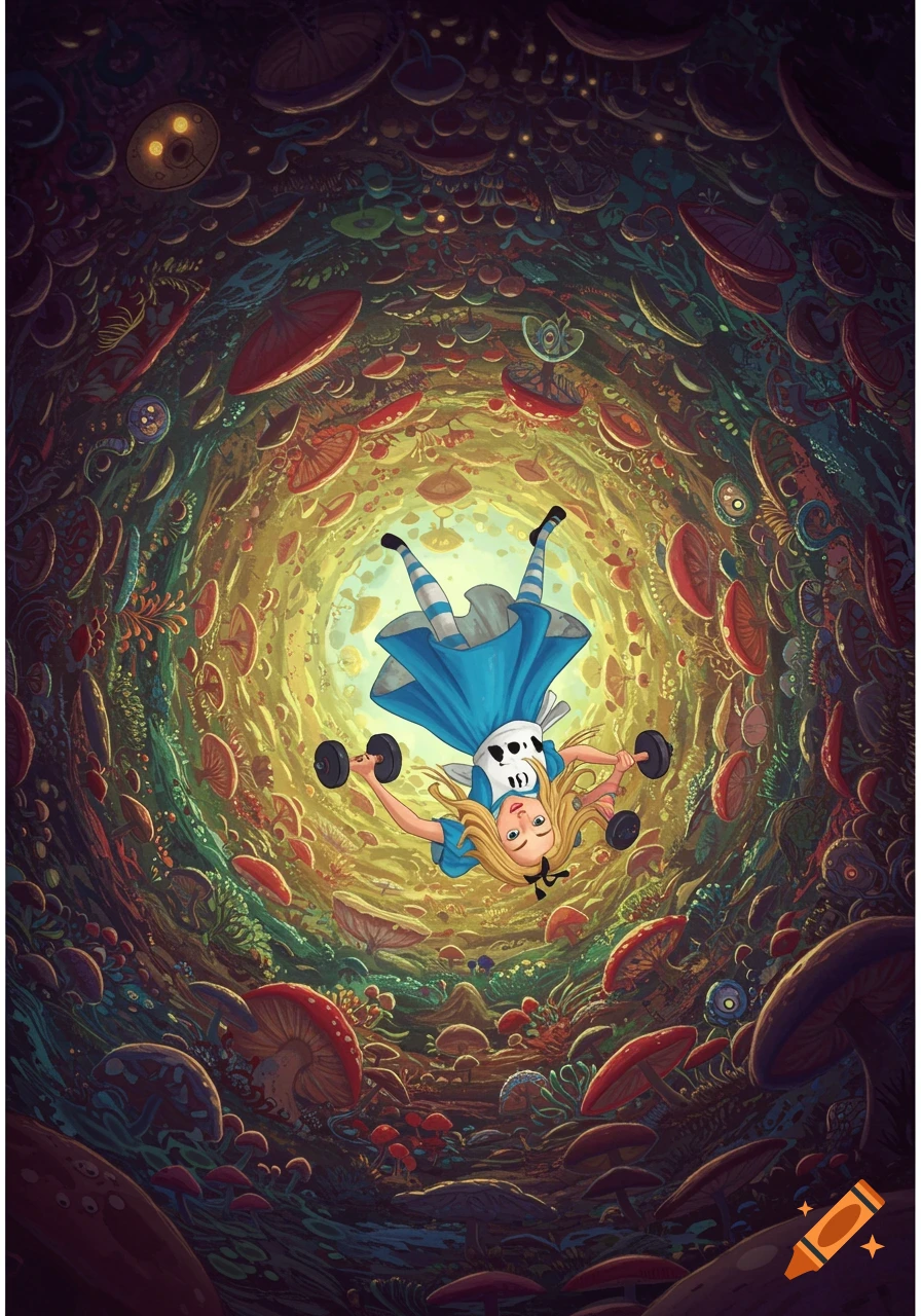 Alice falls down a colorful rabbit hole filled with mushrooms while holding dumbbells in a fantasy illustration.