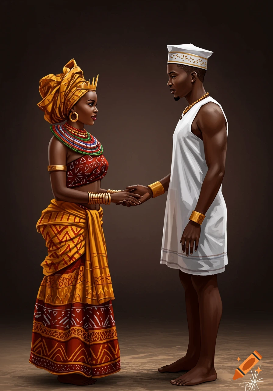 Two people in traditional African clothing shaking hands, stylized art