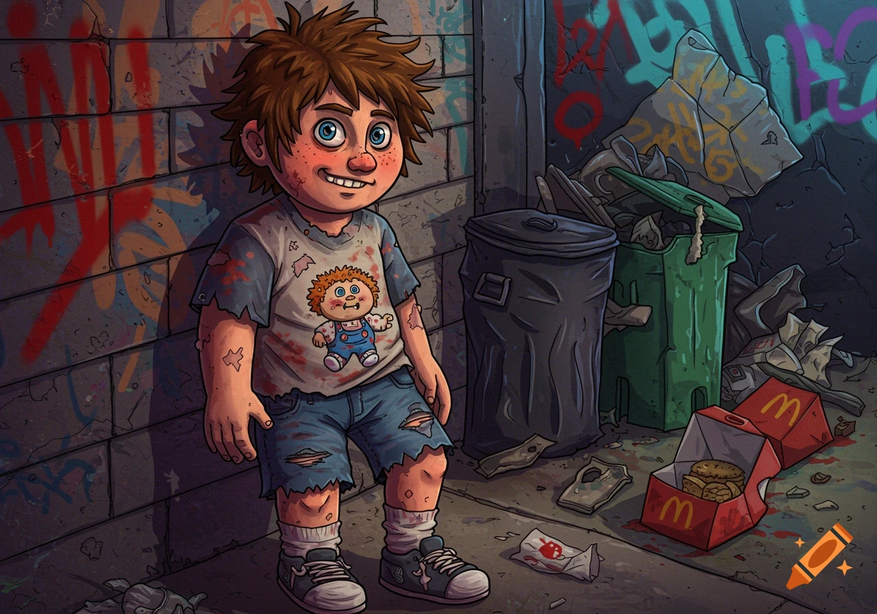 Cartoon boy in ripped clothes and a Garbage Pail Kids style t-shirt standing in a trash-filled alley.