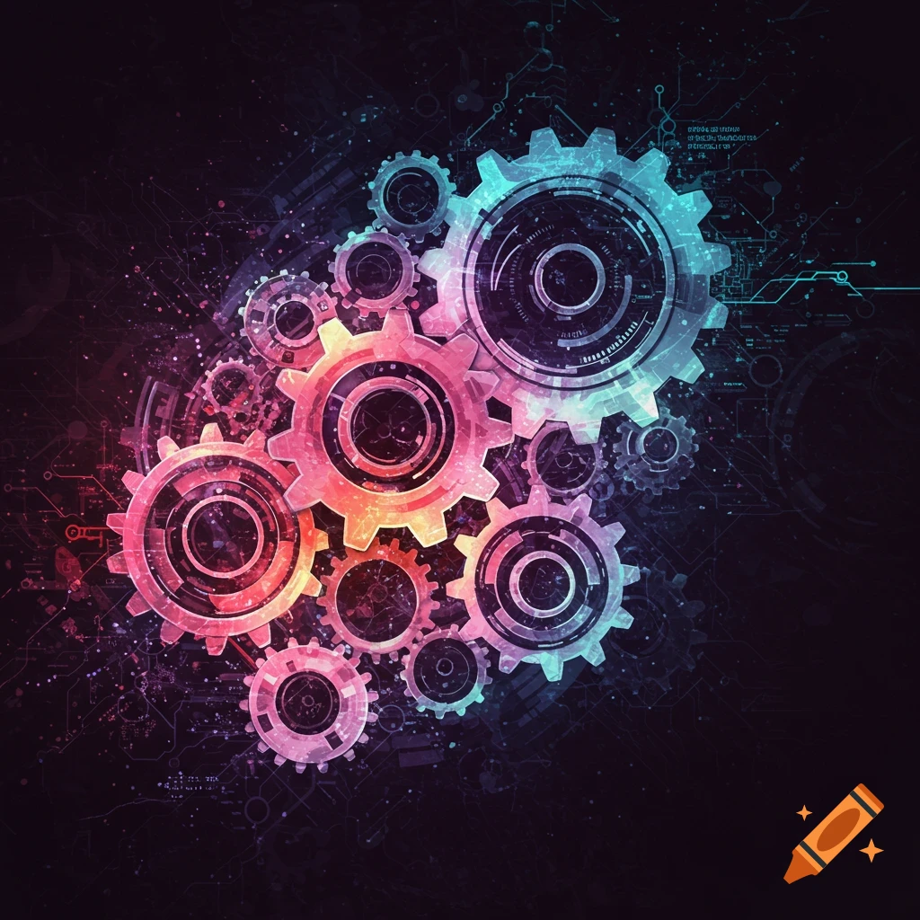 Colorful gears and circuitry on a dark background