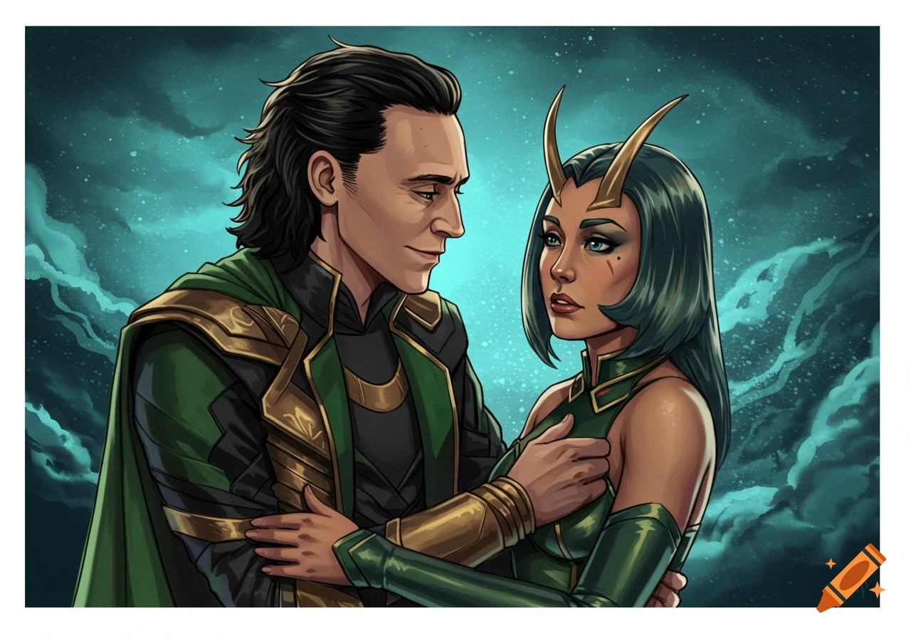 Illustration of Loki and Mantis embracing against a cloudy background.