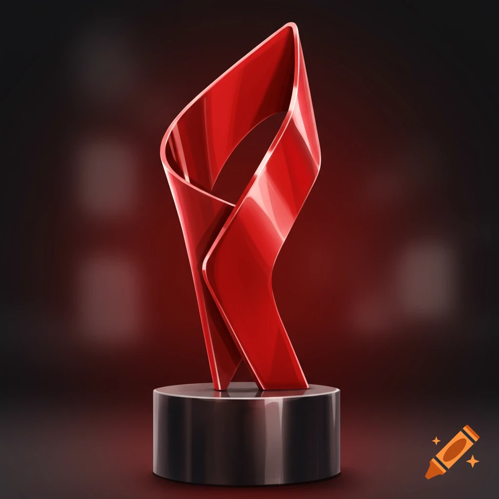 A shiny red award trophy on a dark base.