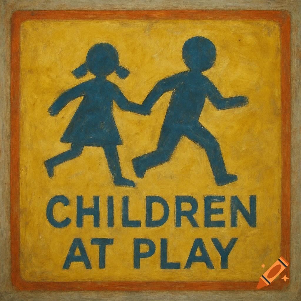 A stylized painting of a yellow sign with blue silhouettes of two running children and the text "CHILDREN AT PLAY".