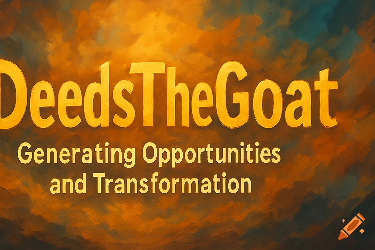 Text reading 'DeedsTheGoat Generating Opportunities and Transformation' on a textured yellow and blue background.