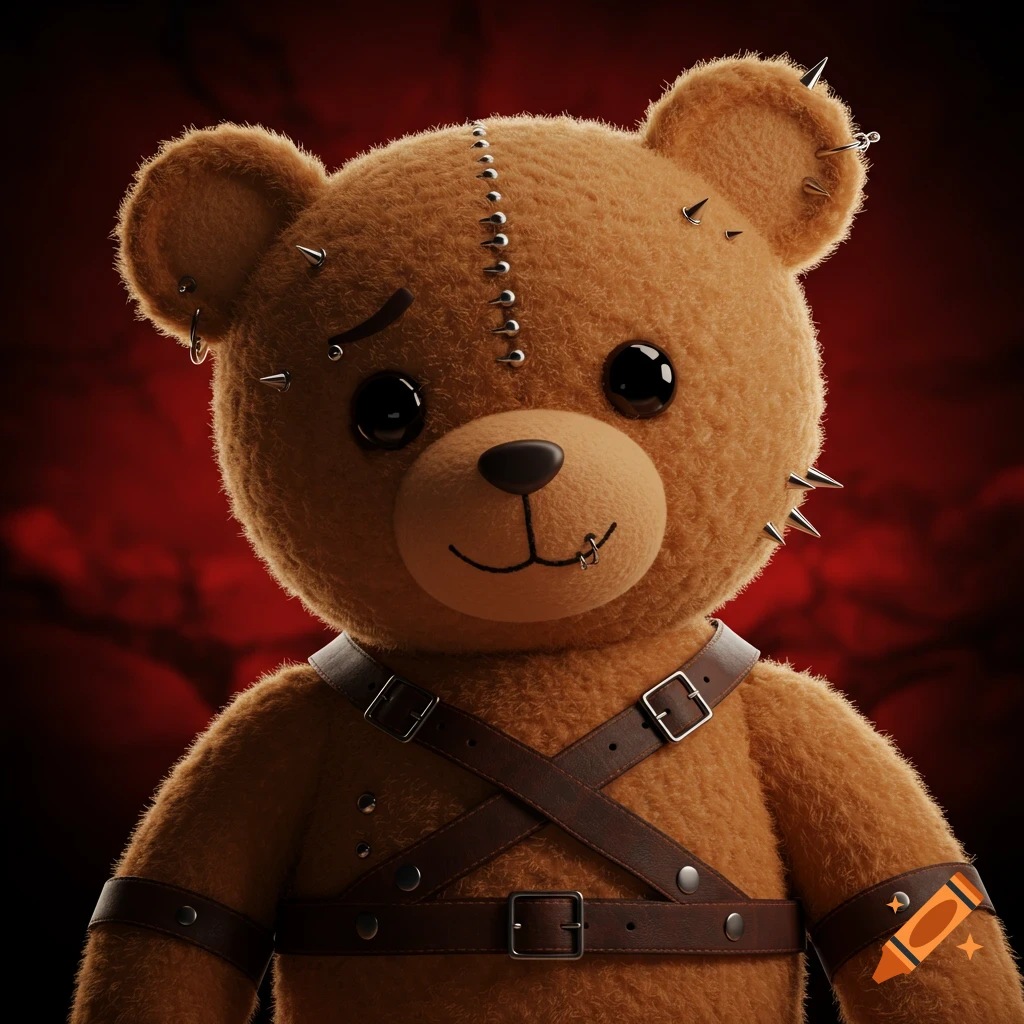 A teddy bear with stitches, spikes, piercings, and a leather harness against a blurry red and black background.