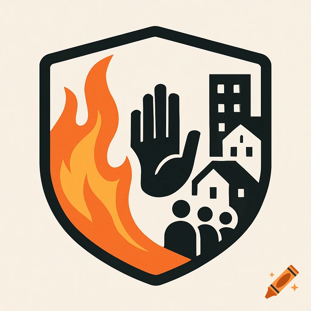 A shield logo showing flames on the left being pushed back by a hand, protecting buildings and people on the right.
