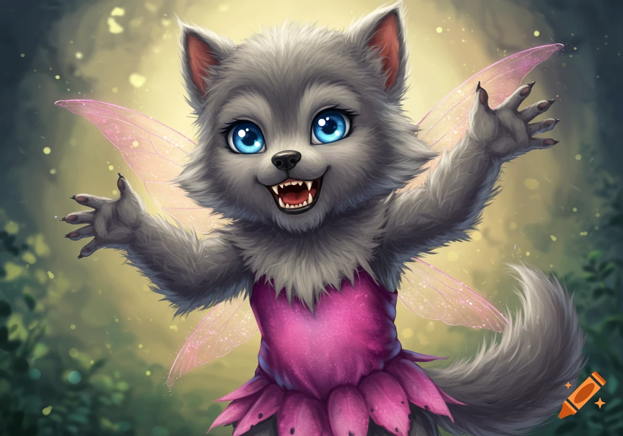 Cute cartoon werewolf cub with blue eyes, pink dress, and fairy wings in a forest clearing, digital painting