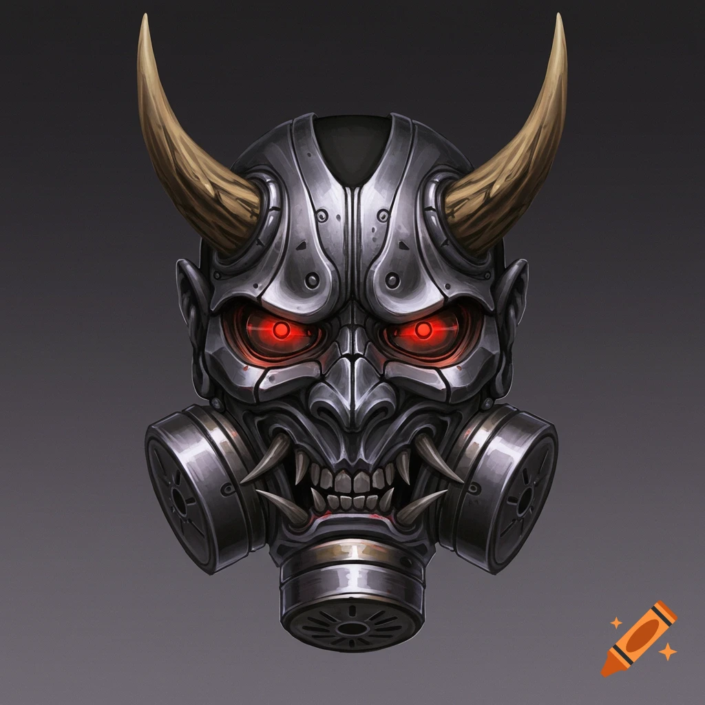 A metal mask with oni horns, glowing red eyes, and gas mask filters.