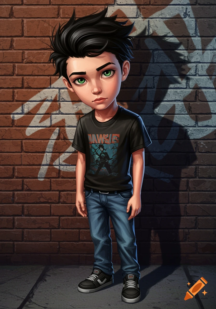 Cartoon boy with black hair and green eyes, wearing a t-shirt and jeans, stands against a brick wall with shadows.