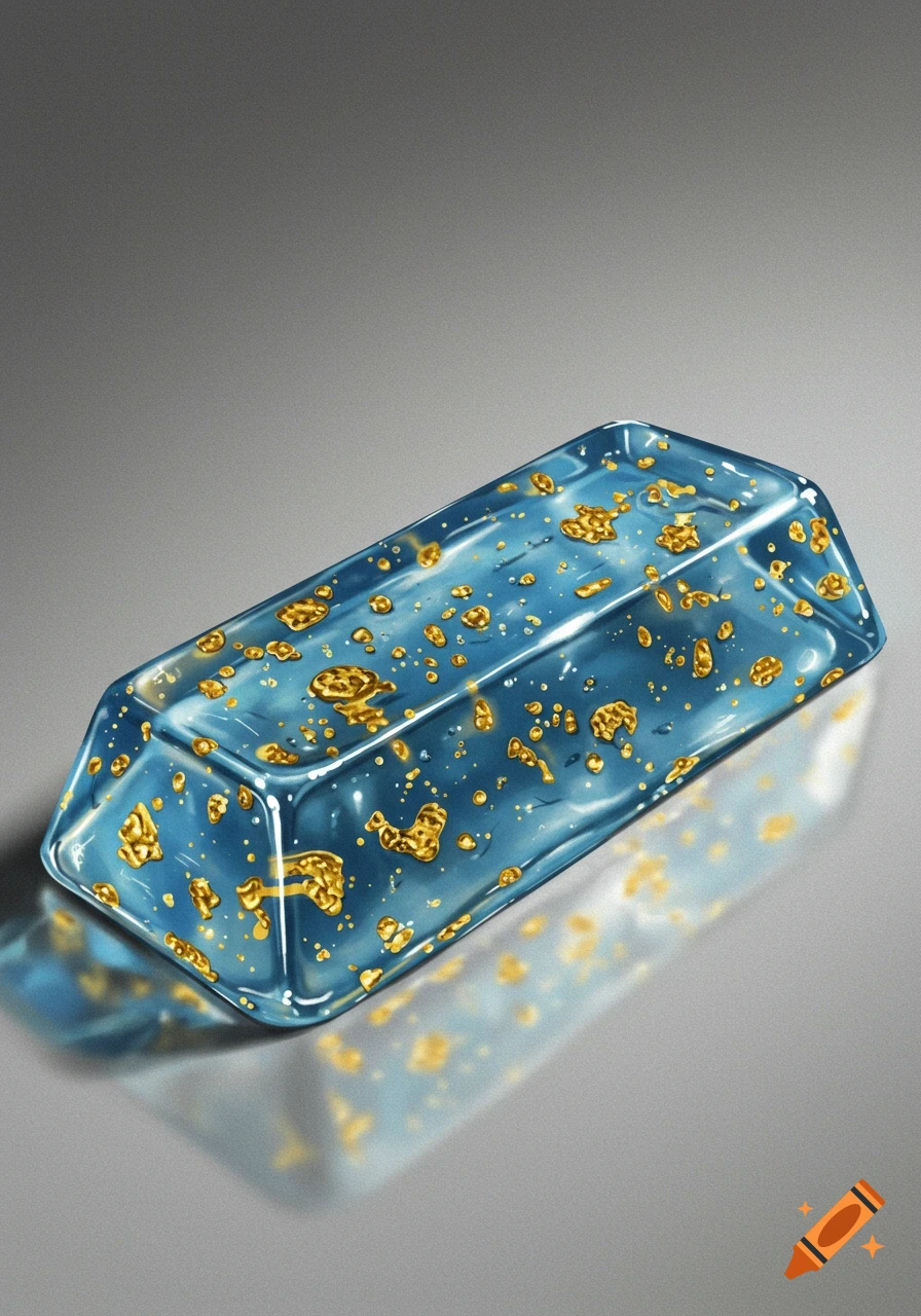 A stylized clear blue bar filled with gold flecks on a reflective surface.