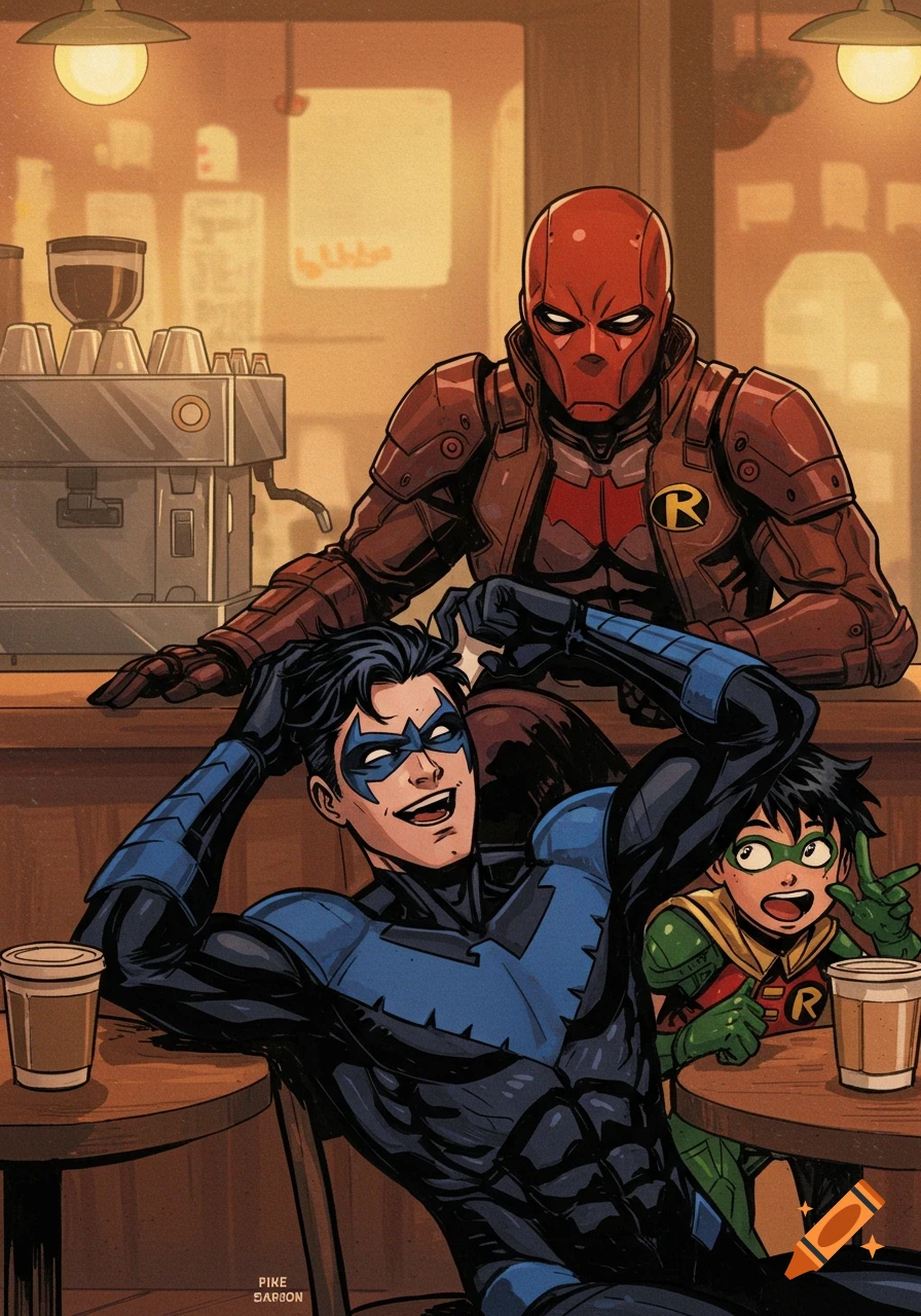 Comic art of Nightwing, Red Hood, and Robin at a cafe