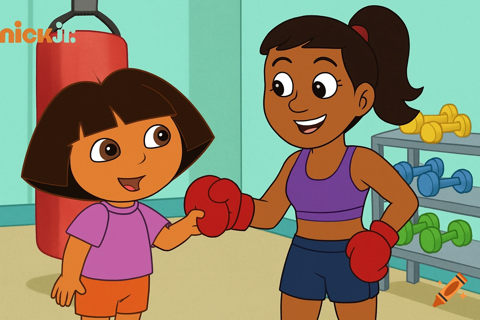 Dora the Explorer and a female boxer shake hands in a cartoon gym with a punching bag and weights.