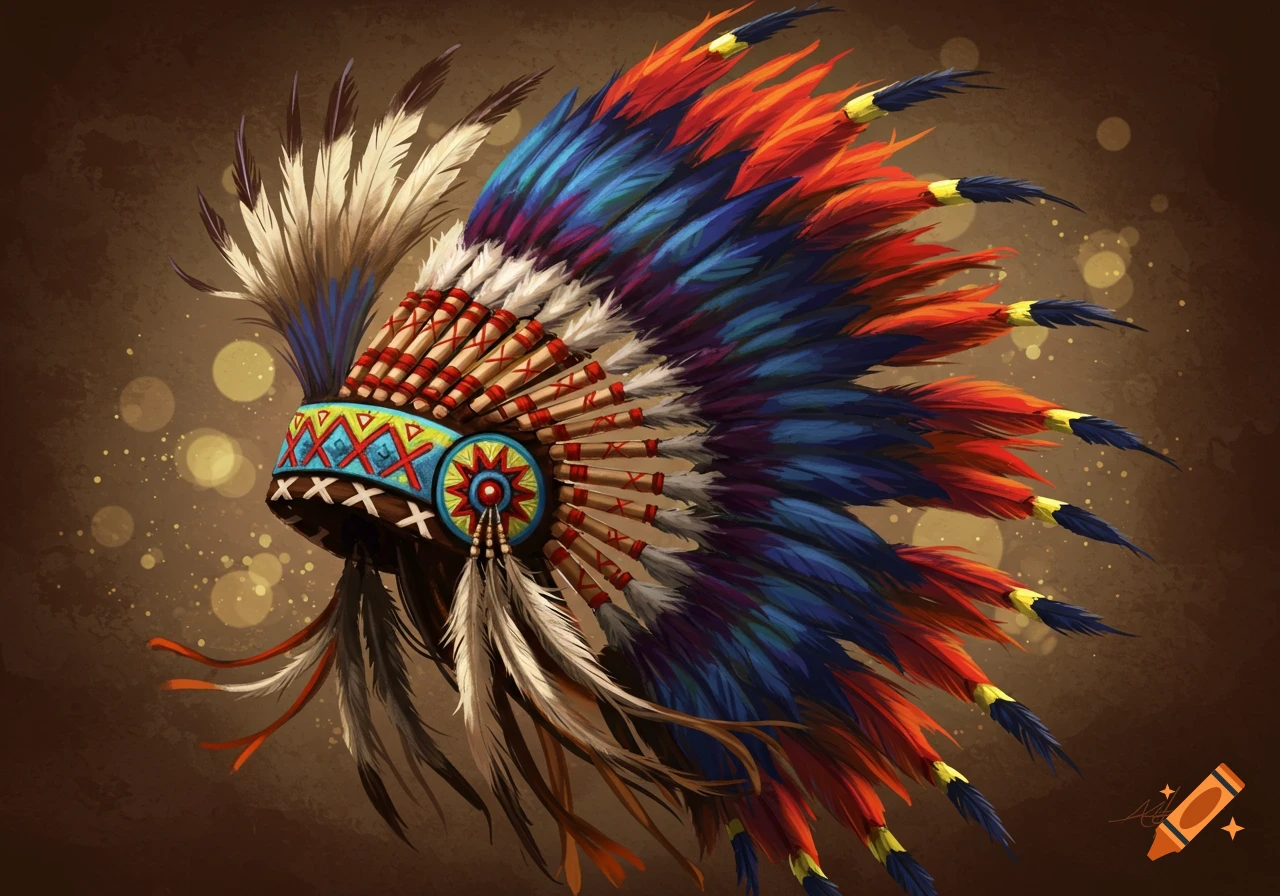 Colorful Native American feather headdress with beadwork against a brown background in a painterly style.