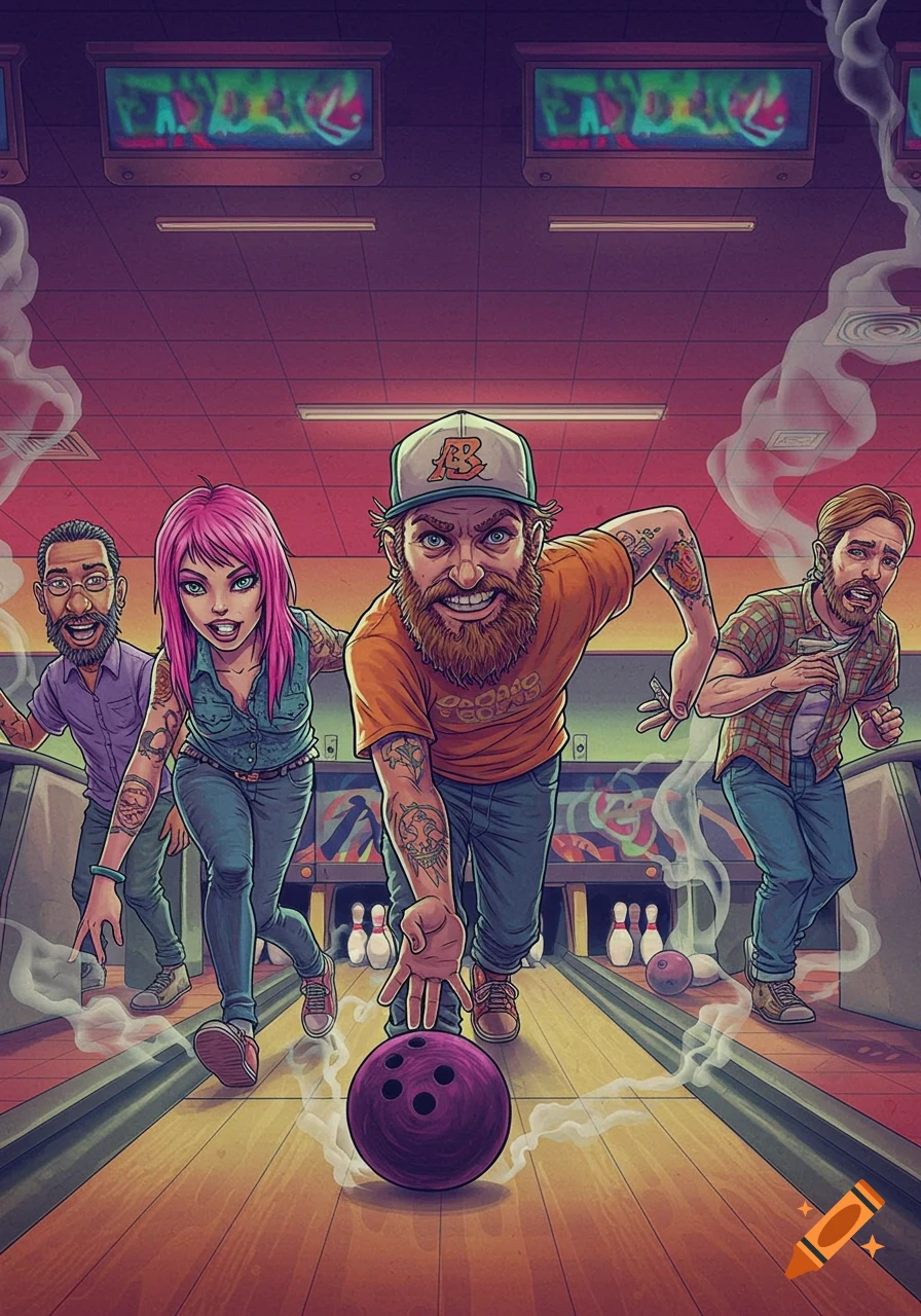 Four people bowling in a stylized illustration. One person is about to release a purple bowling ball.