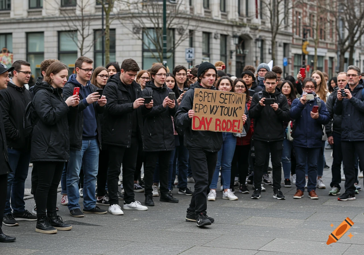 A crowd of people on a city street observe a protester holding a sign.