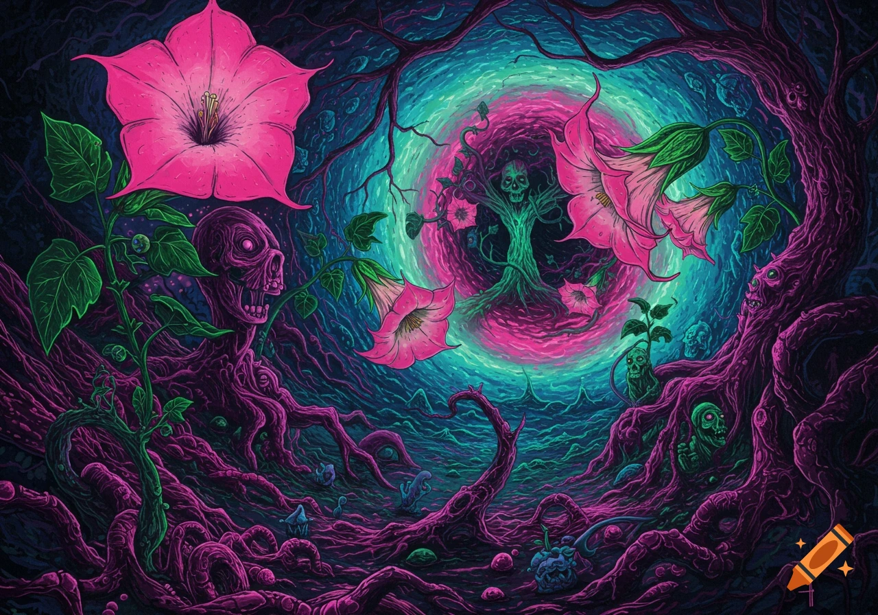 A psychedelic nightmare scene with large pink flowers, gnarled purple roots, and distorted skull-like faces integrated into the plant life.