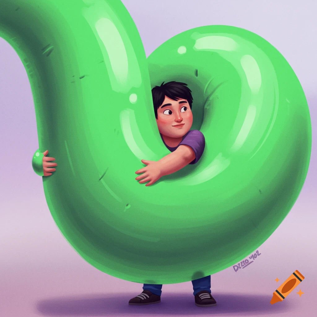 A boy hugs a giant green tube that spirals around him in a digital illustration style.