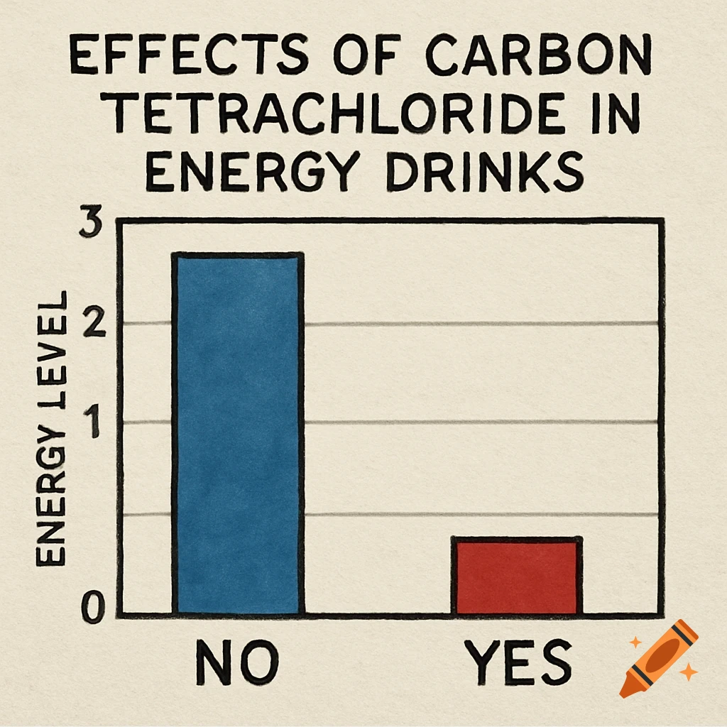 A hand-drawn bar graph titled "Effects of Carbon Tetrachloride in Energy Drinks" shows energy level is high for "NO" and low for "YES".