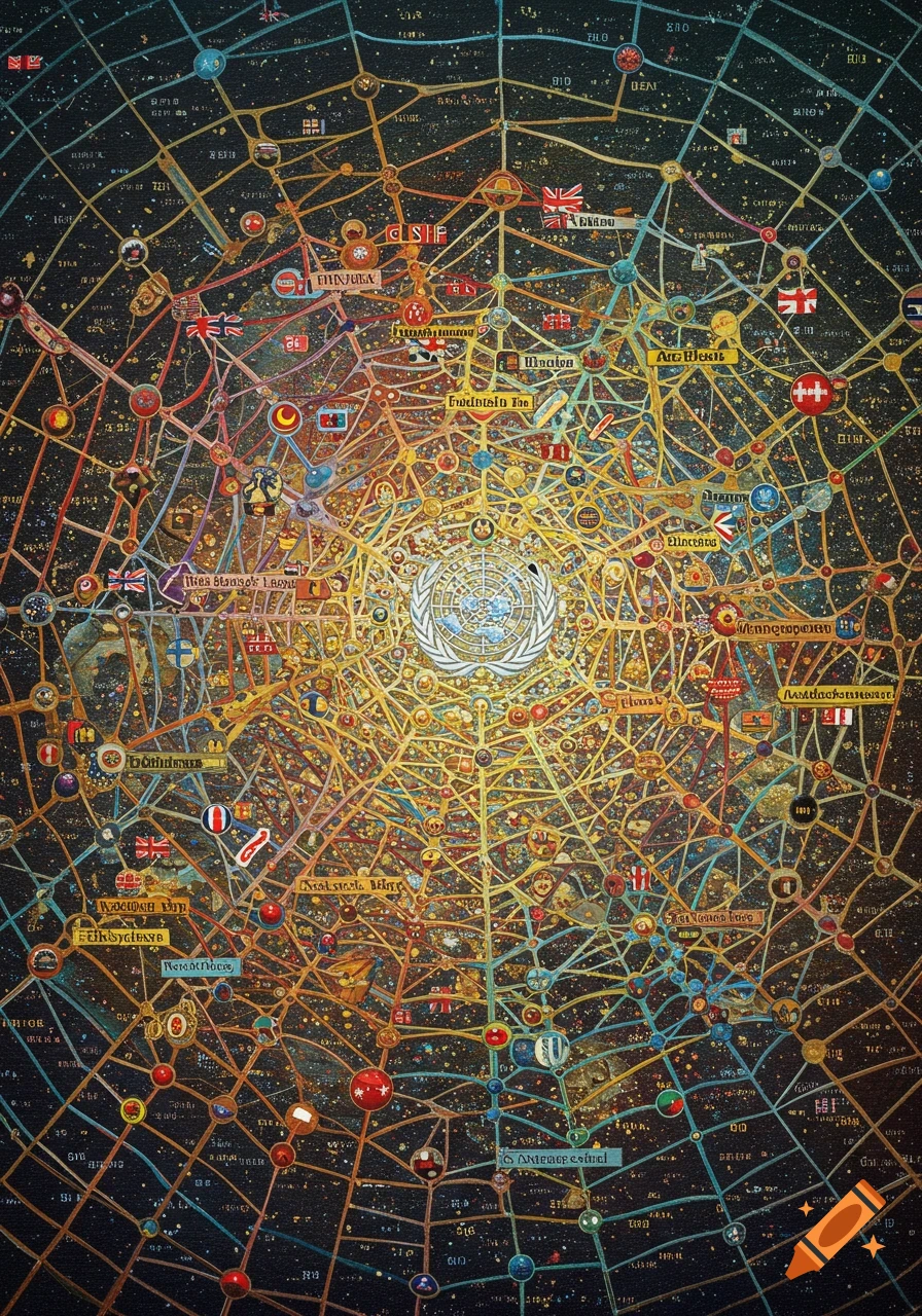 A complex network diagram centered on the UN logo with flags, nodes, and connecting lines, resembling a cosmic map or spider web.