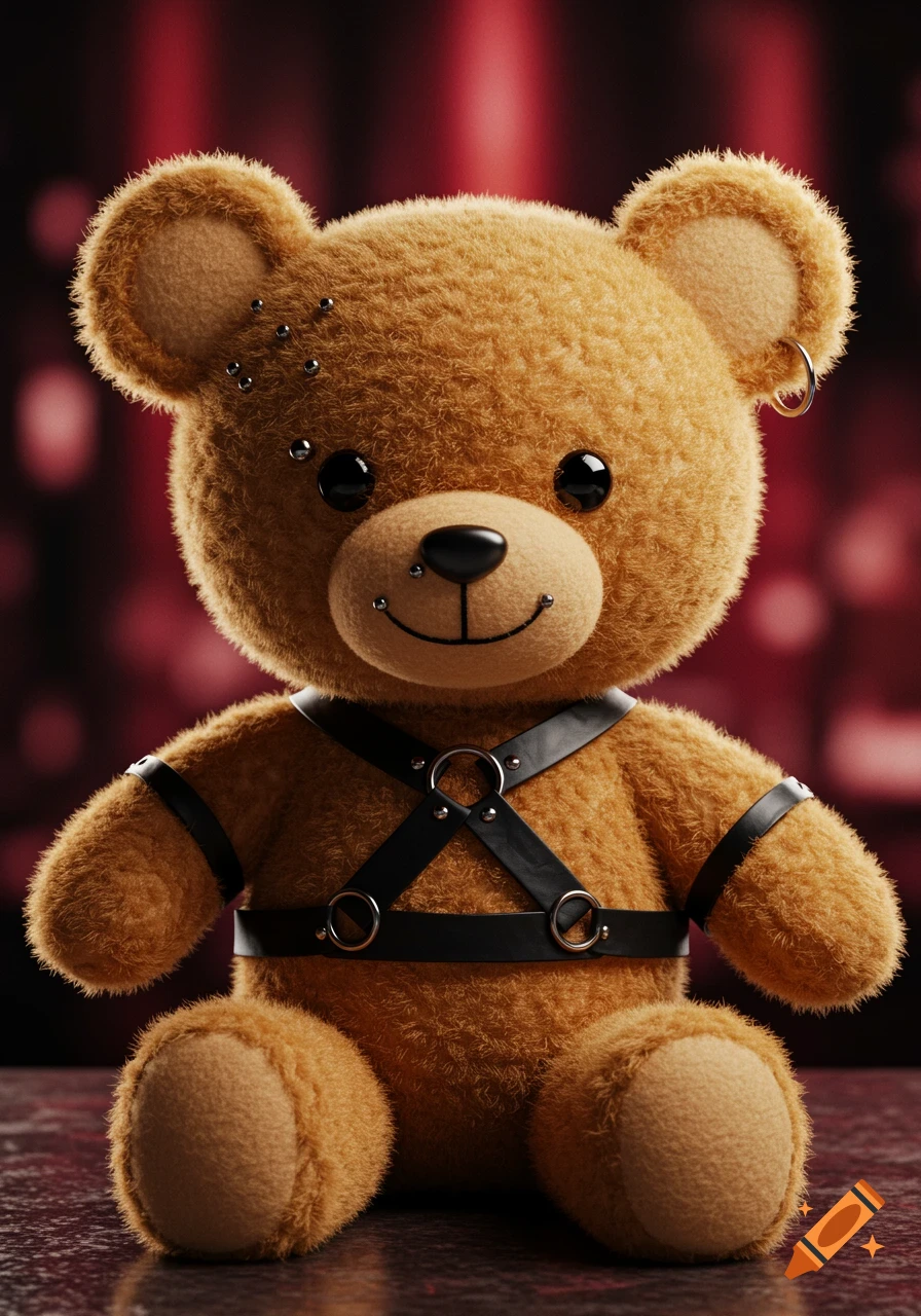 A tan anime-style teddy bear wears a black leather harness and has piercings on its ears and nose, against a blurry red and black background.