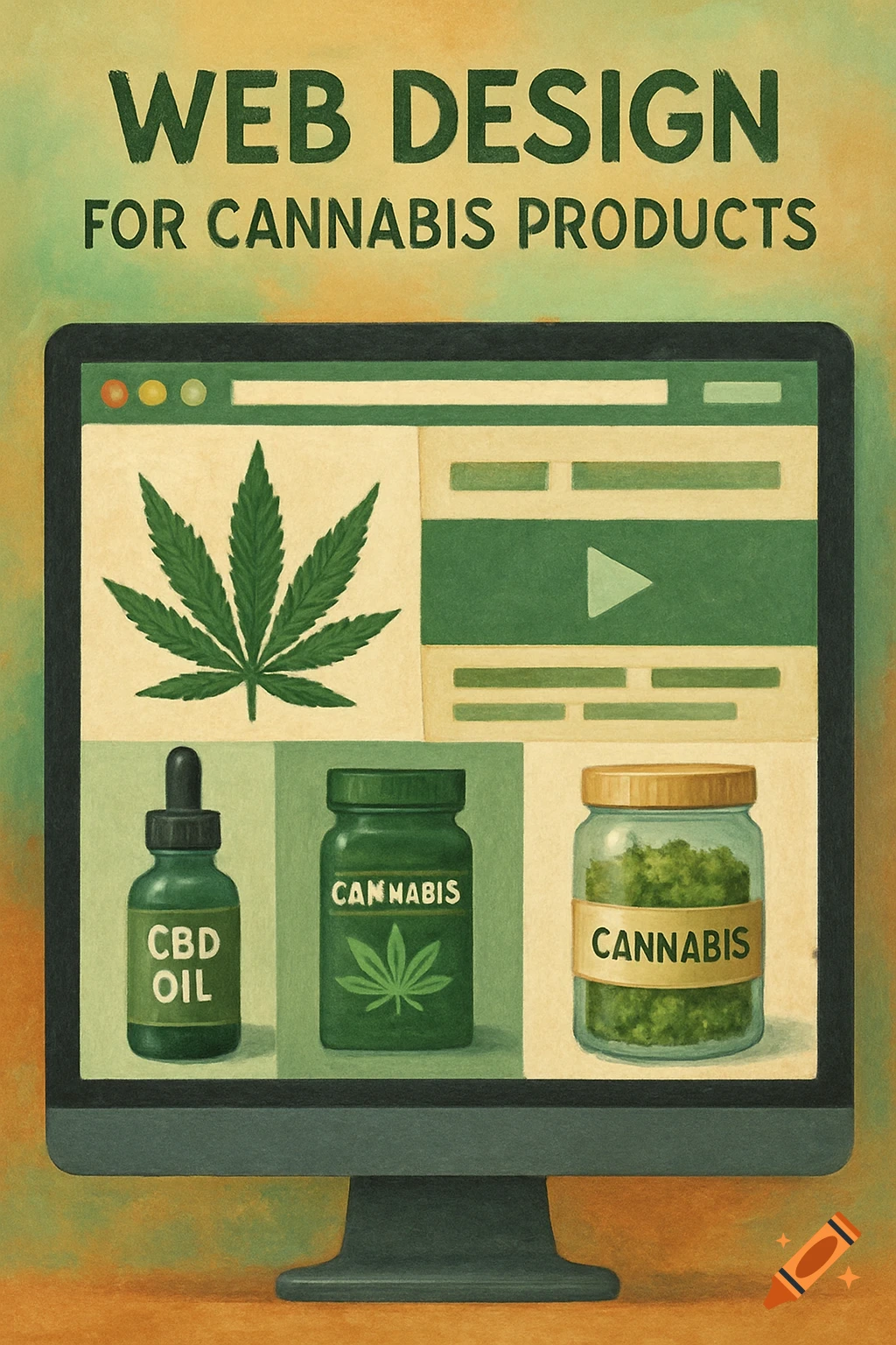 Stylized illustration of a computer screen displaying a web design for cannabis products, with CBD oil and cannabis jars below.