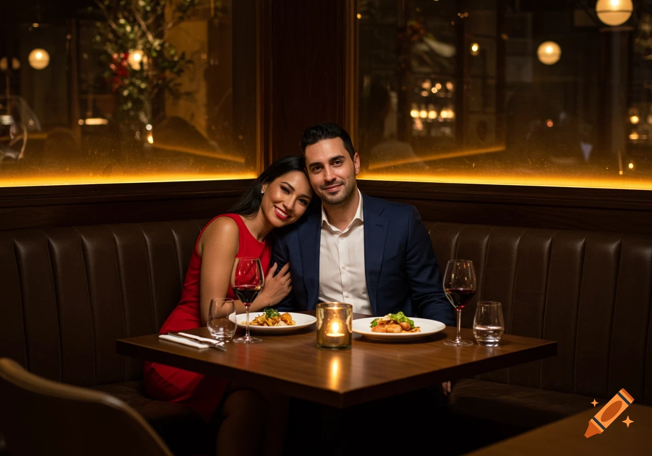 A couple smiles while having dinner at a dimly lit restaurant booth