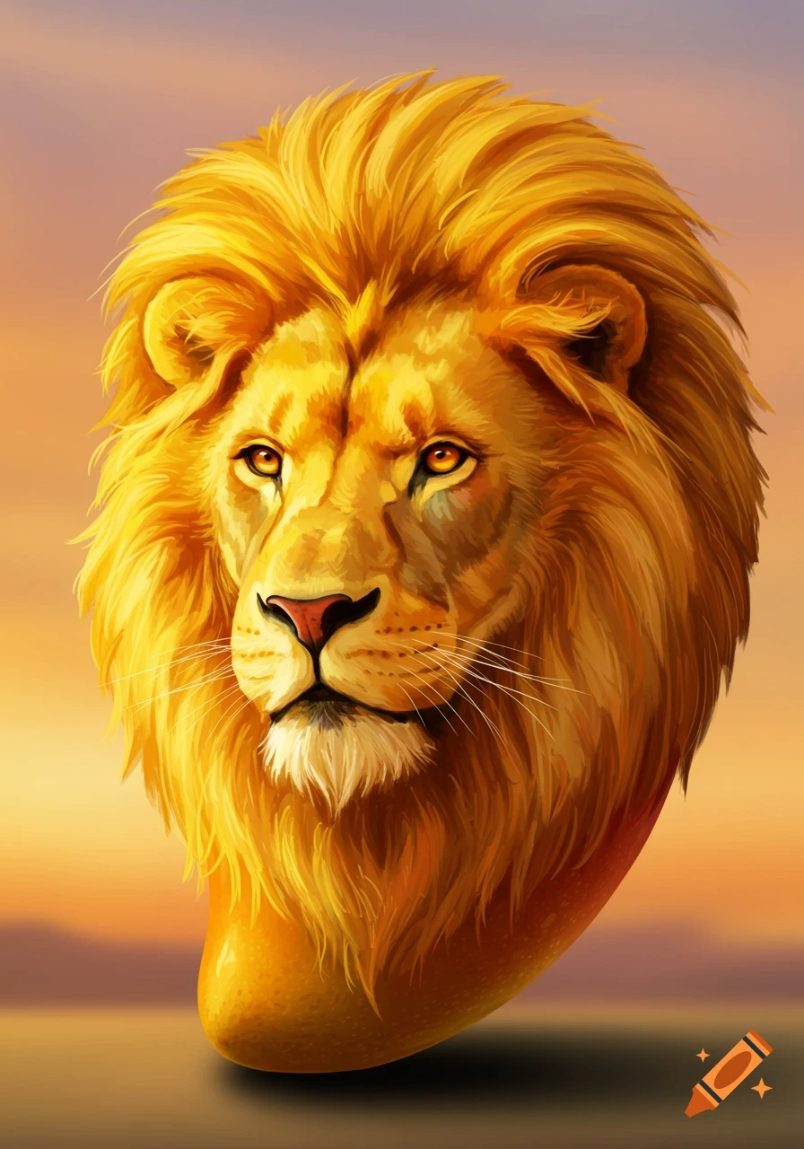 A close-up illustration of a lion's head with a golden mane on a mango body, with a sunset background.