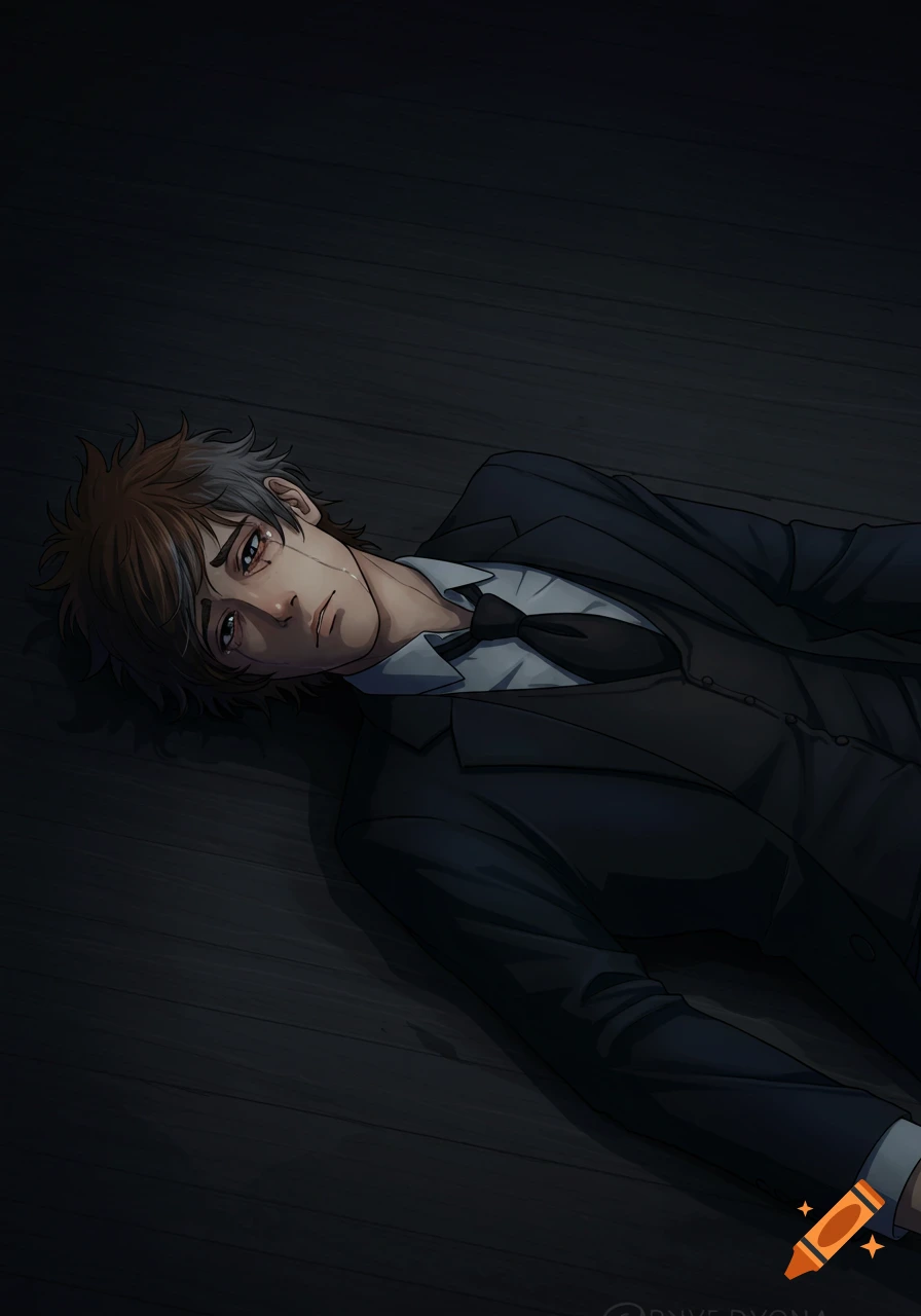 An anime-style drawing of a sad man in a suit lying on a wooden floor.