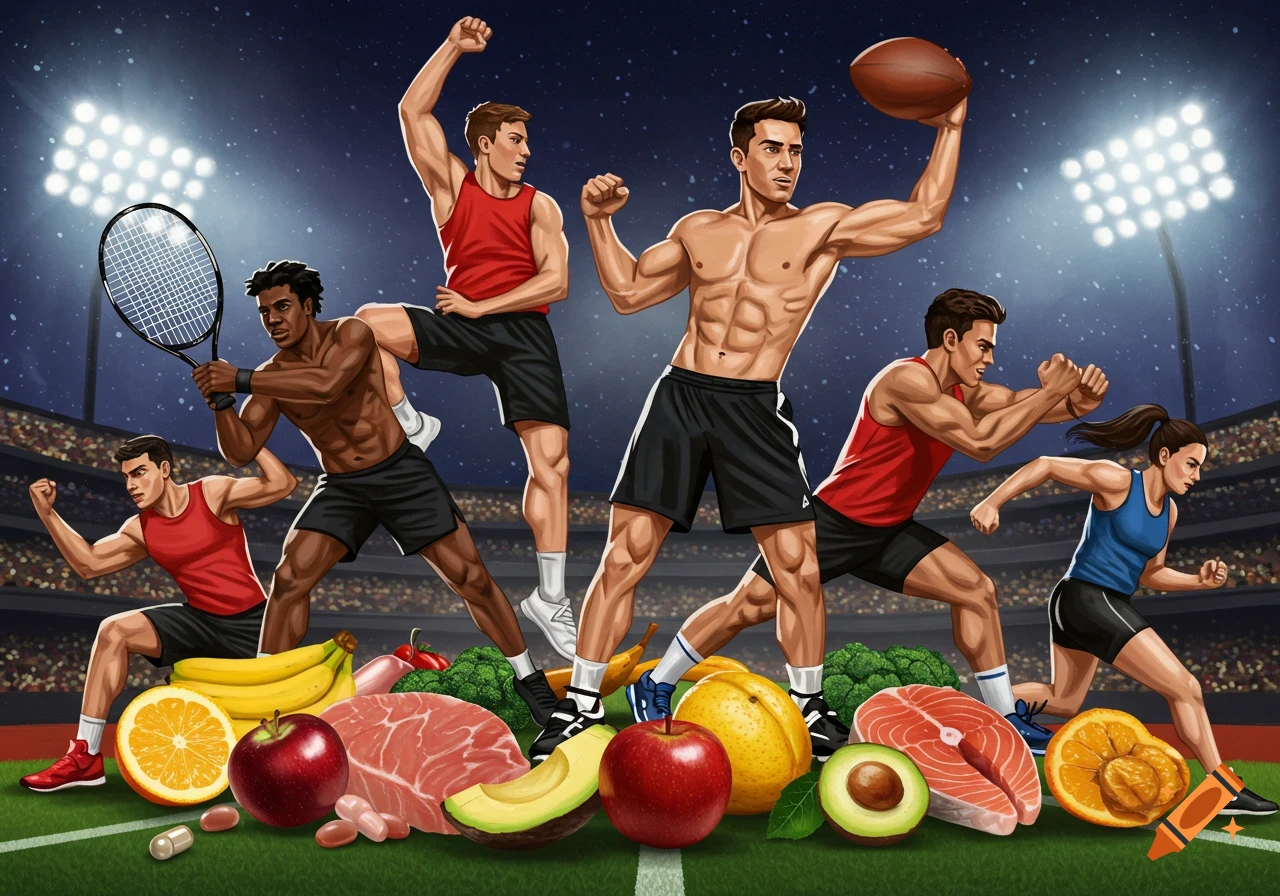 Digital painting of athletes and healthy food items in a stadium.
