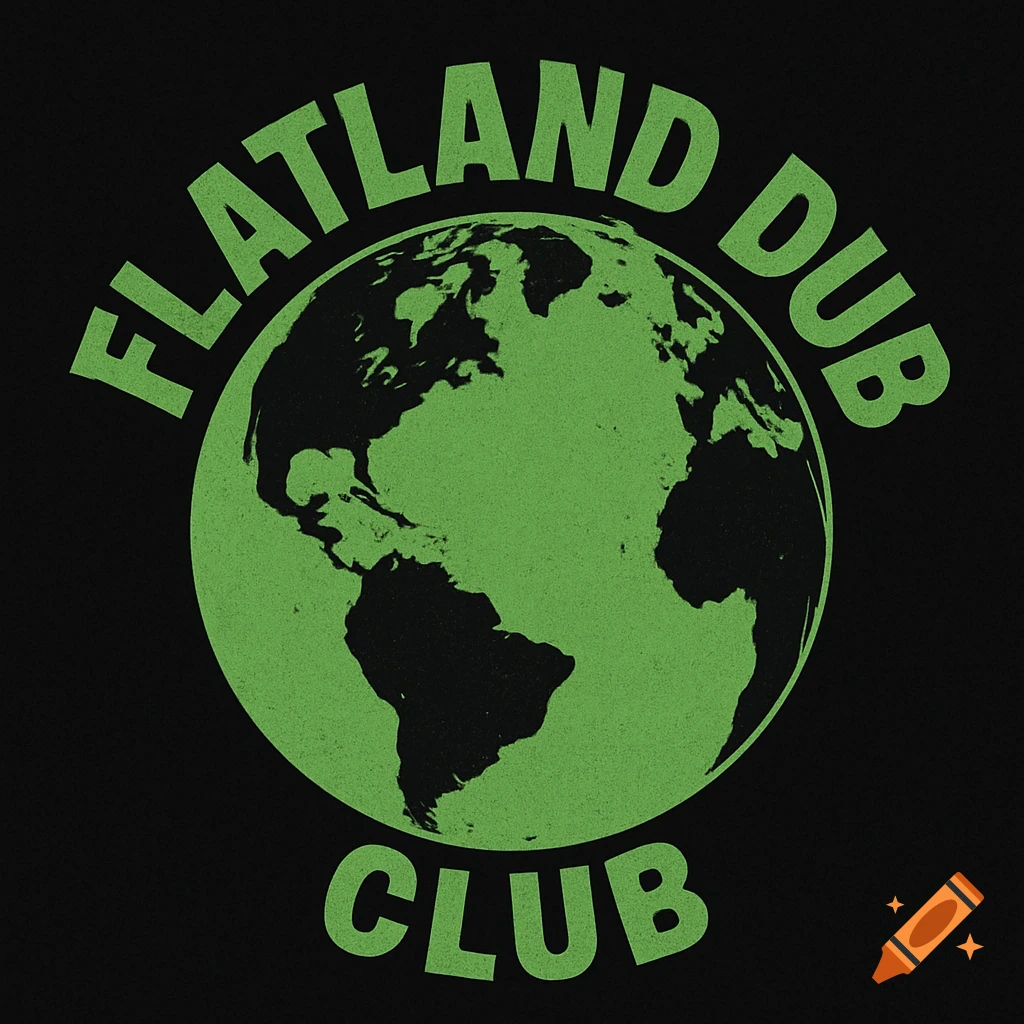 Green stylized globe of Earth with the text 'FLATLAND DUB CLUB' on a black background.