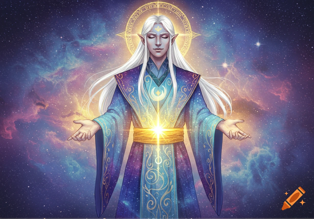 A fantasy character with white hair and a cosmic robe stands in space ...