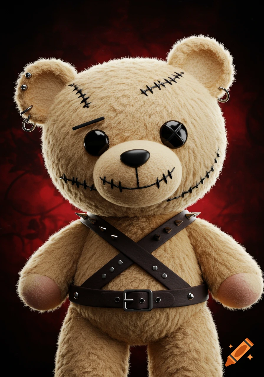 A tan teddy bear wearing a leather harness, stitches, and ear piercings stands against a dark red and black background.