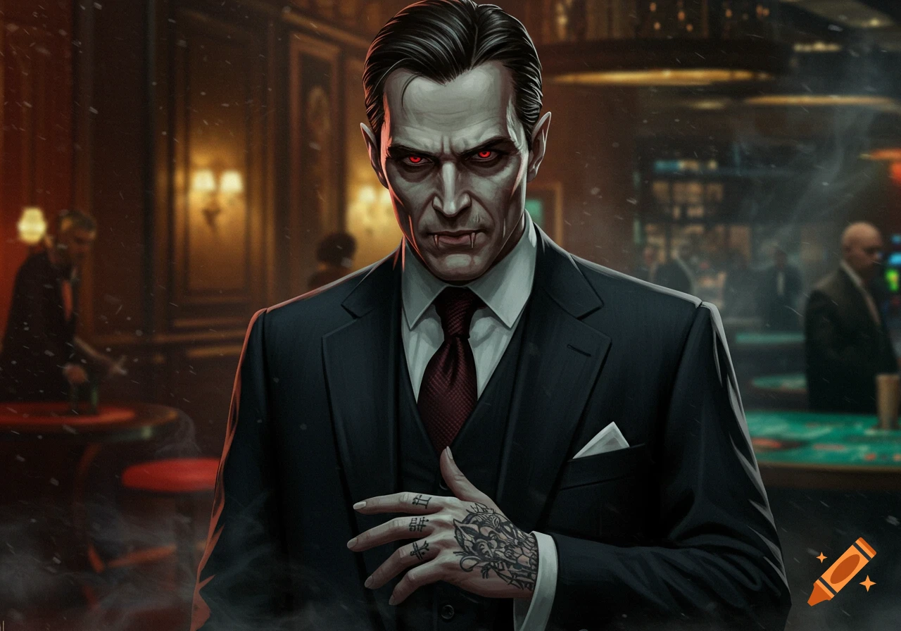 A vampire mob boss in a suit stands in a casino with red eyes and a tattoo on his hand.