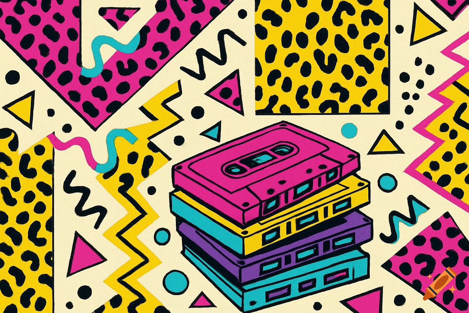 Stack of colorful cassette tapes against a vibrant 80s geometric and leopard print background