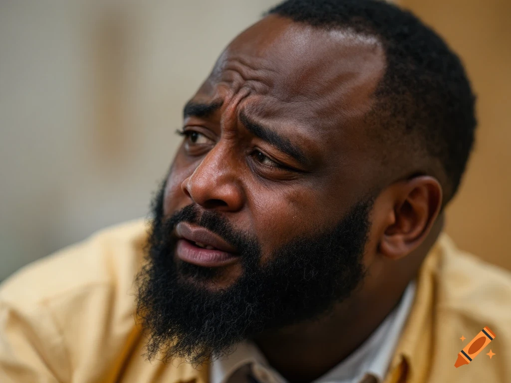 Close-up portrait of a Black man looking up with a pained expression