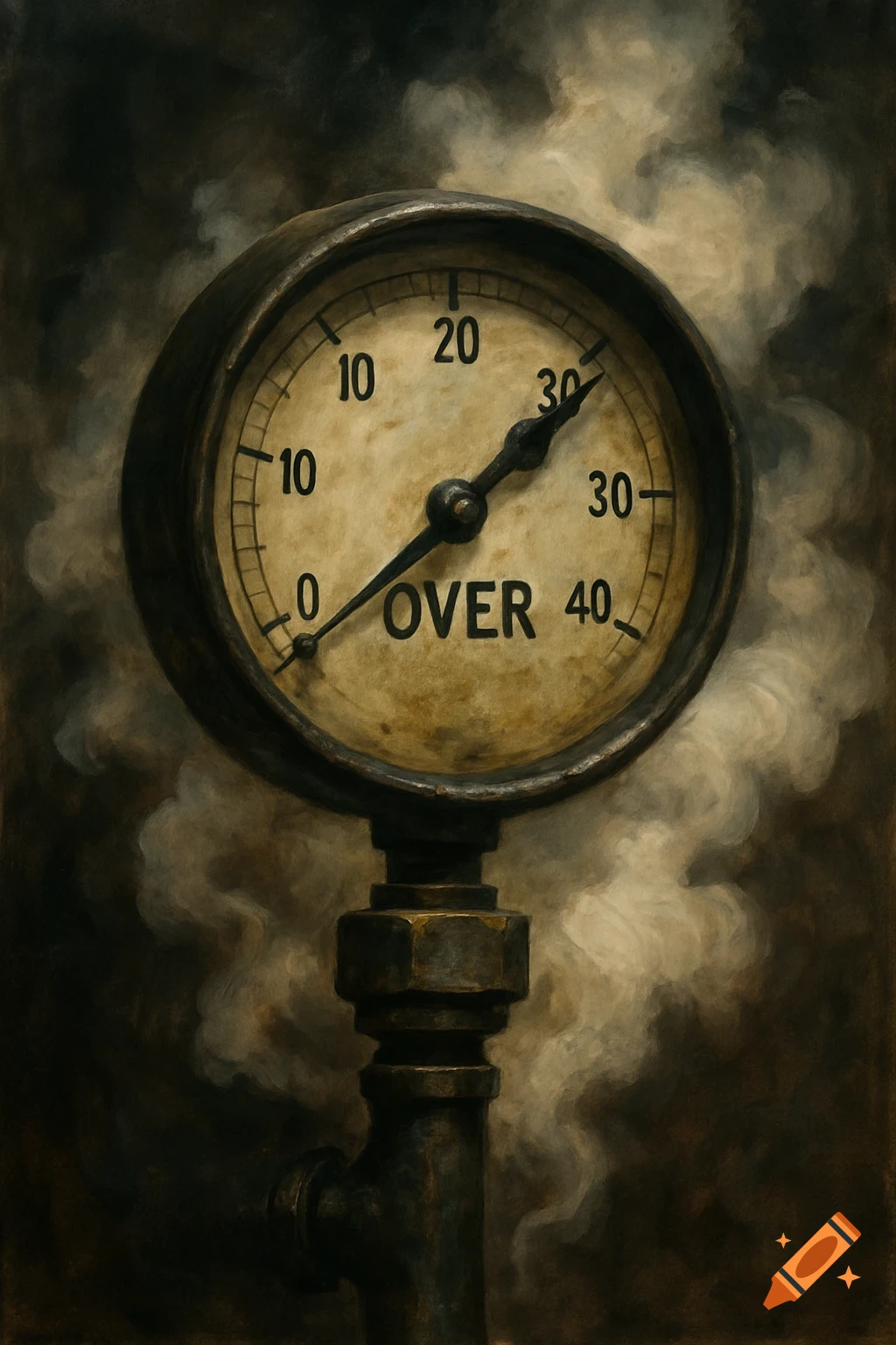 A close-up of a grungy, old pressure gauge with steam venting. The needle points past 30 toward the text 'OVER 40'.