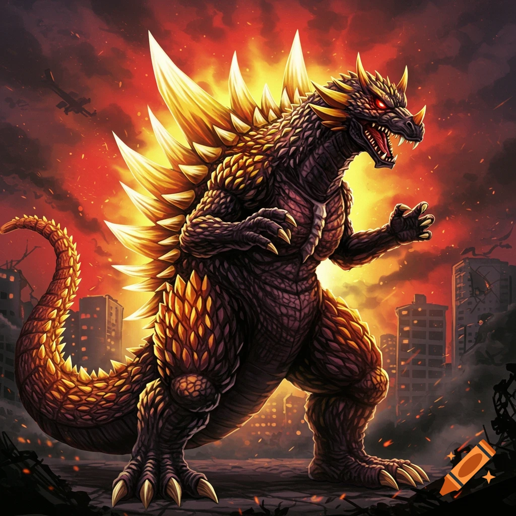 A large, spiky monster stands roaring in a ruined city under a fiery sky.