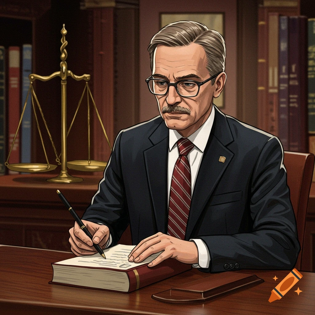 Man in suit and glasses writing on a book at a desk with a scale of justice and bookshelves behind him. Illustration style.