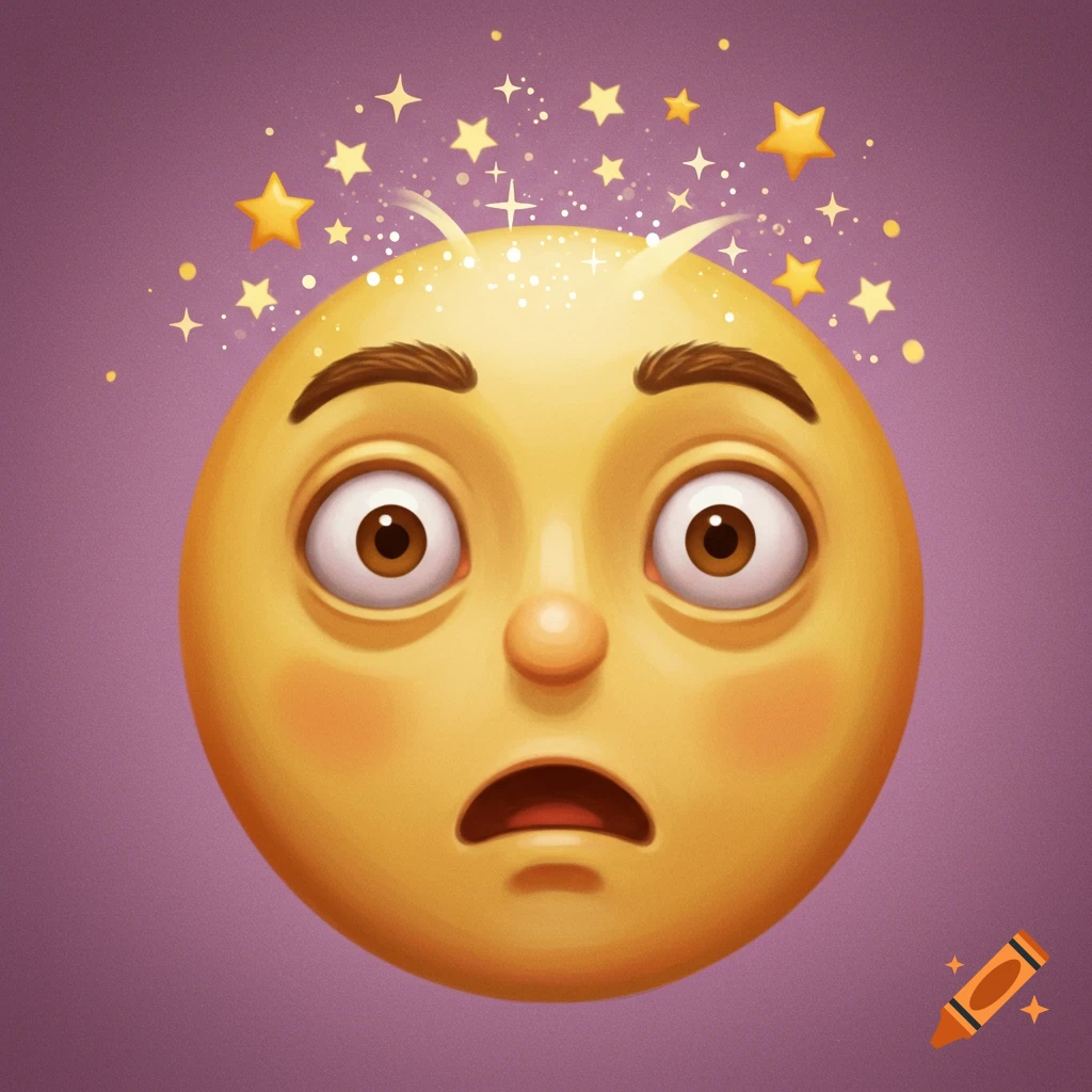 A yellow emoji face looking surprised with stars and sparks around its head.