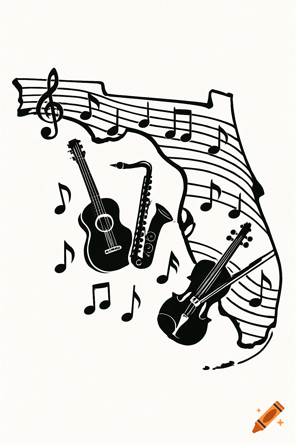 Black and white illustration of musical instruments and notes within the silhouette of Florida.
