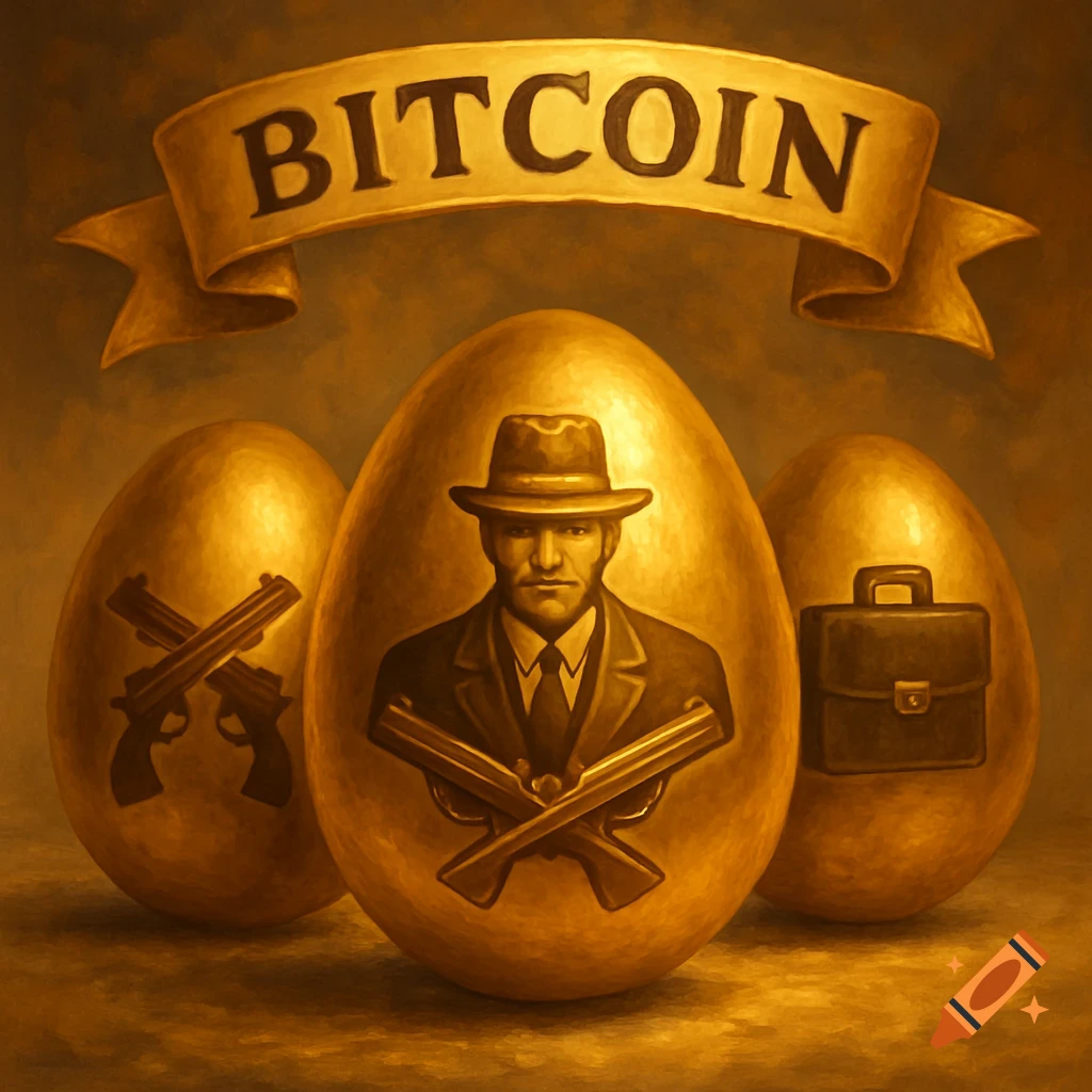 Painterly illustration of three golden eggs, one etched with a man in a suit and hat and crossed shotguns, one with crossed handguns, and one with a briefcase. A banner above reads 'BITCOIN'.
