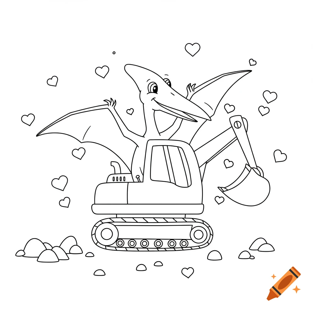 A black and white coloring page shows a cartoon pterodactyl driving a digger, surrounded by hearts.