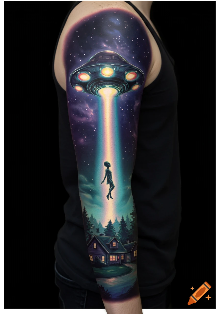 Sleeve tattoo on an arm showing an alien abduction scene with a UFO beaming up an alien figure over a house and forest under a starry sky.