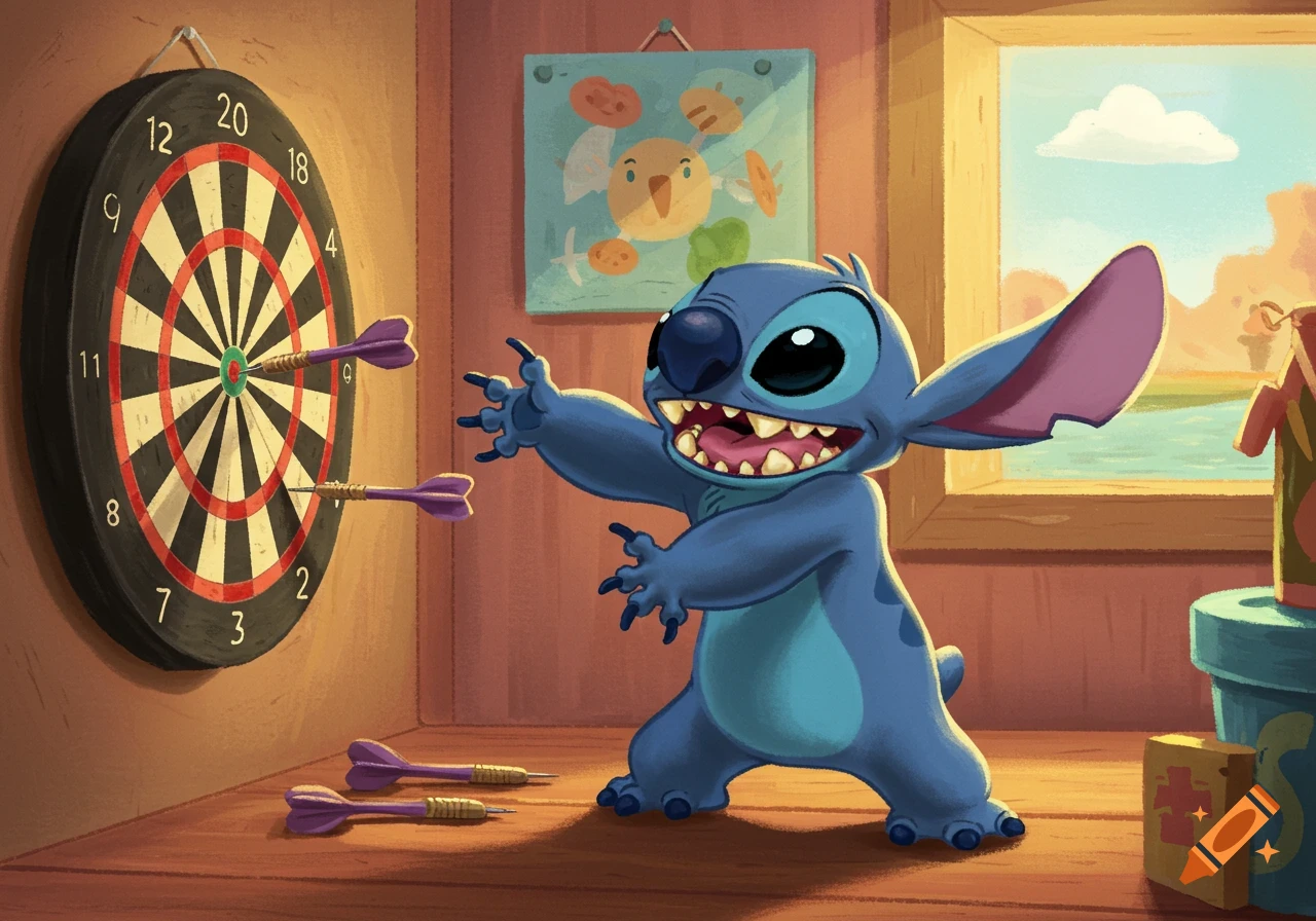 Cartoon illustration of Stitch playing darts in a room.
