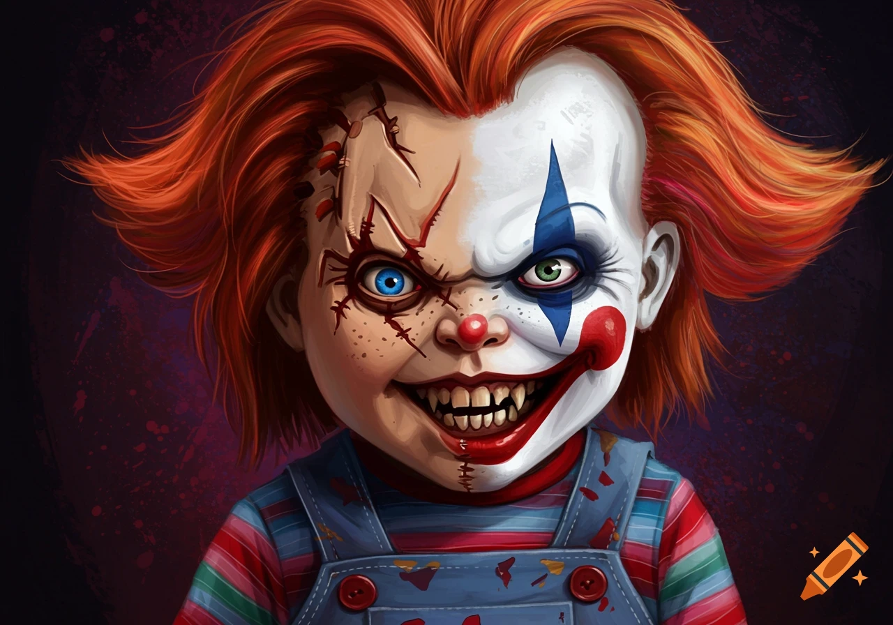 Creepy portrait of a doll face, half stitched Chucky and half clown makeup, with bright red hair.