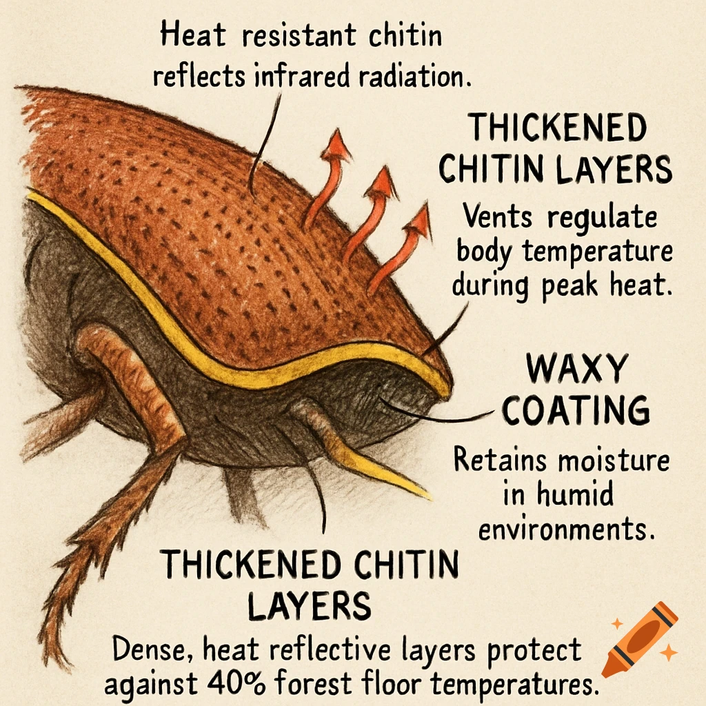 Scientific illustration of a beetle exoskeleton showing features for heat resistance and moisture retention with labels.